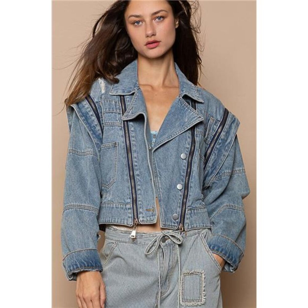 NWT POL‎ Cropped Denim Jacket with Functional Zipper Detail